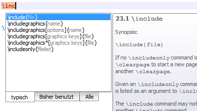 Suggests possible LaTeX commands as you type. There is a tooltip help explaining the command.